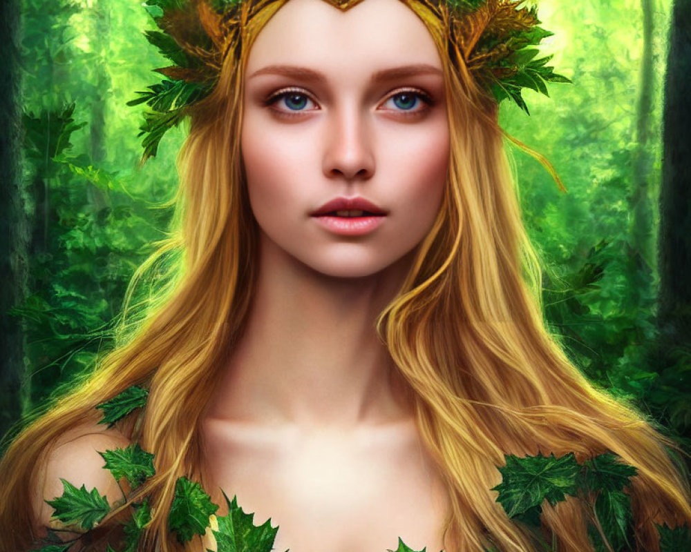 Portrait of Woman with Golden Hair and Leafy Crown in Lush Green Forest