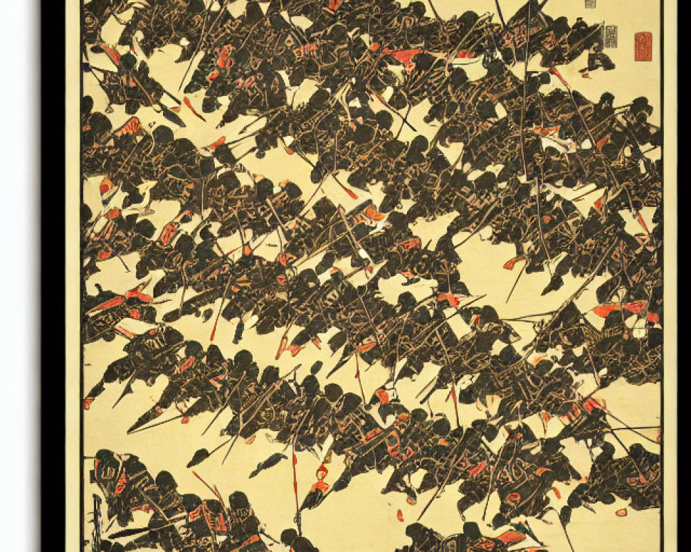 Japanese Woodblock Print: Samurai Battle Scene with Warriors on Horseback