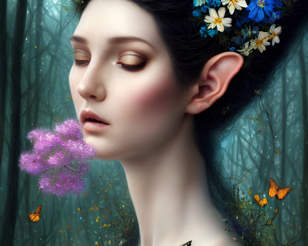 Portrait of woman with pointed ears, floral crown, butterflies, and pink mist