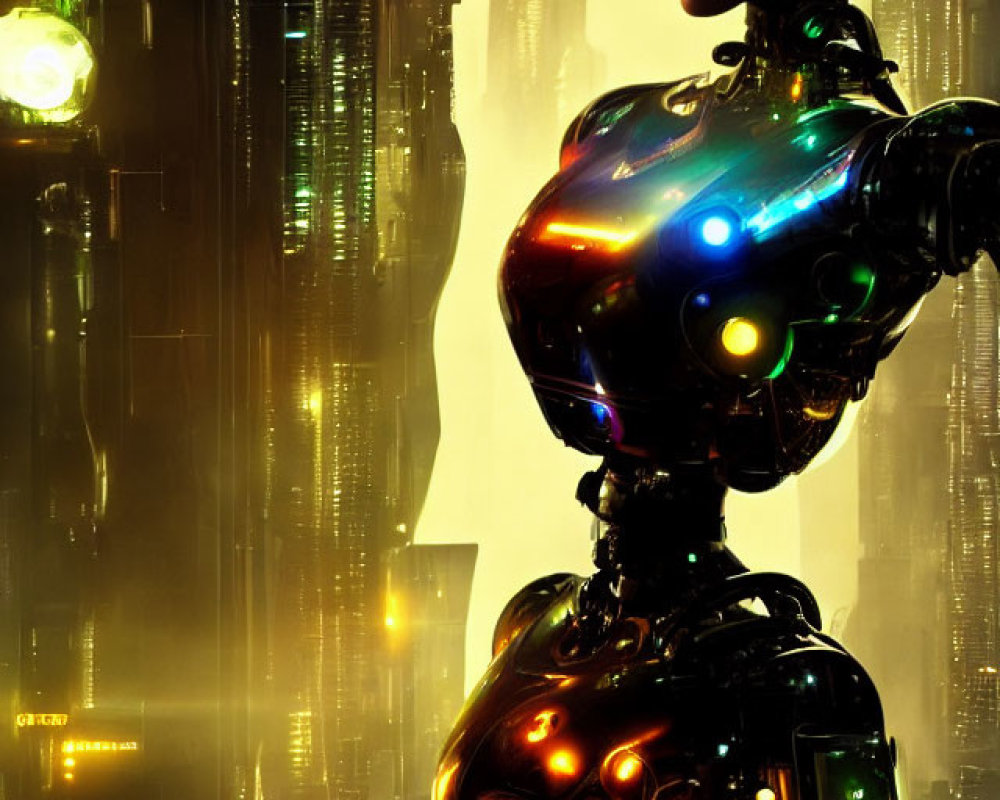 Futuristic robot with illuminated circuitry in urban night scene