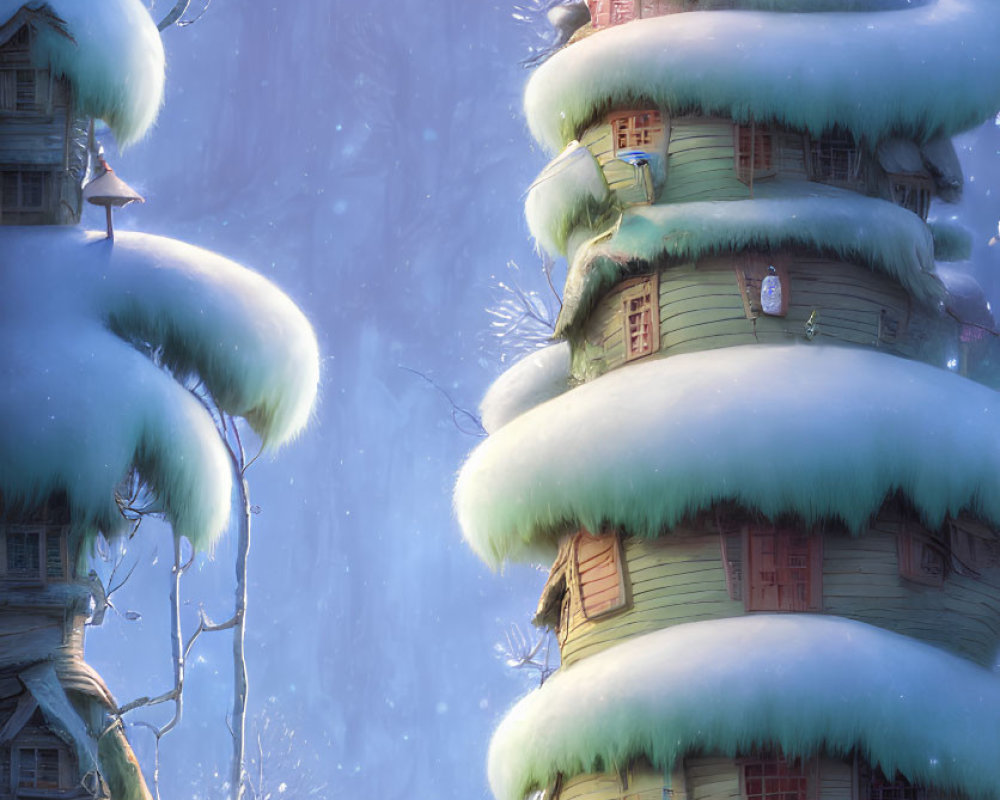 Snow-covered treehouses with Santa Claus in winter scene