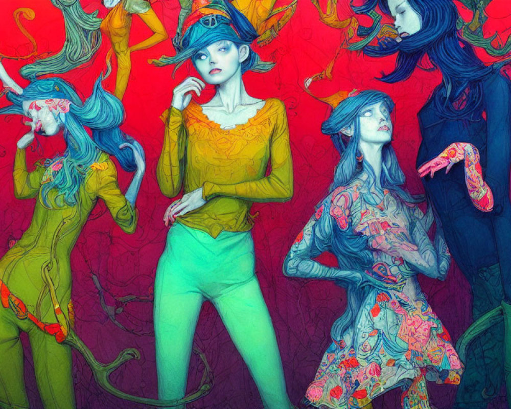 Colorful Stylized Female Figures on Vibrant Background