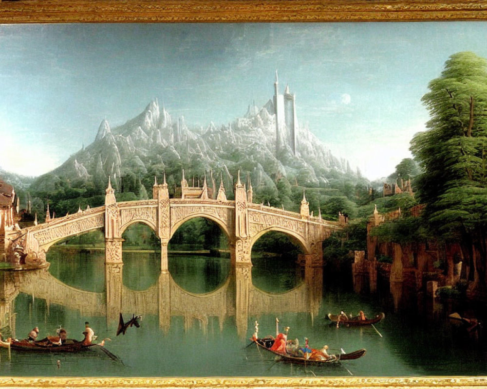 Classical landscape painting: ornate bridge over calm river, boats, lush trees, majestic mountains.