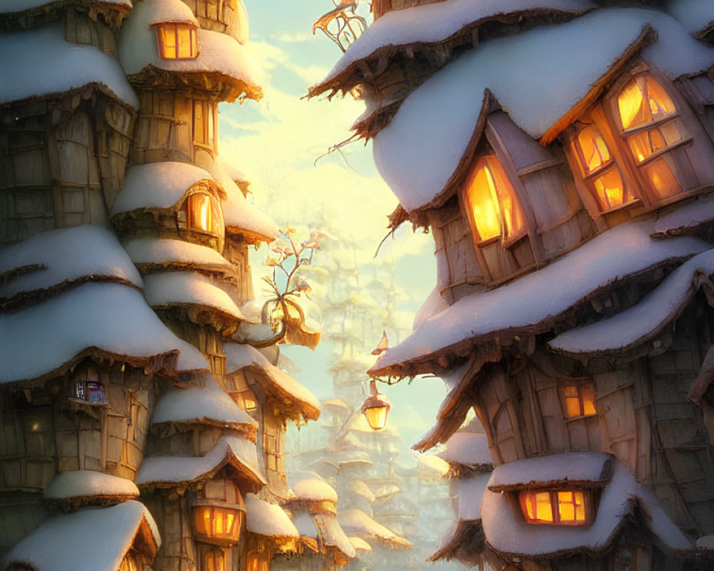 Snow-covered wooden towers under warm winter twilight glow