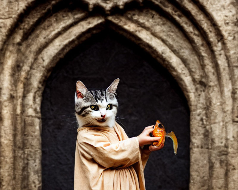 Cat-headed Monk in Robe with Fish by Stone Archway