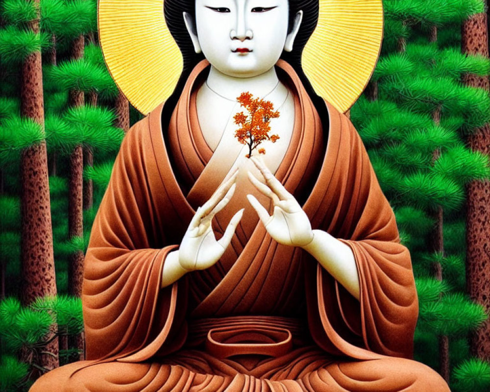 Illustration of Meditating Buddha with Golden Halo and Red-Leafed Tree