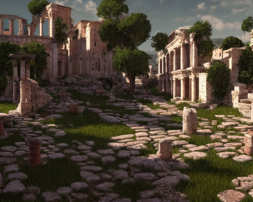 Ancient cobblestone path through ruins with columns and arches and overgrown grass