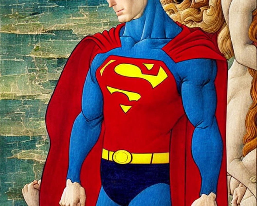 Superman illustration with blue costume and red cape against renaissance backdrop