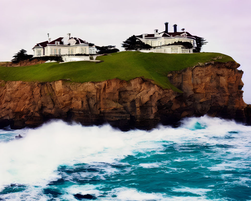 Grand Houses Overlooking Turbulent Ocean Waves