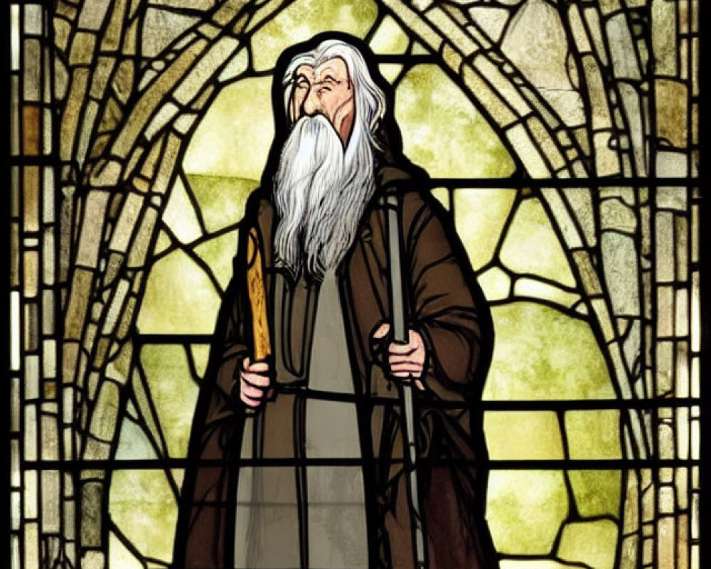 Bearded wizard-like figure in stained glass style