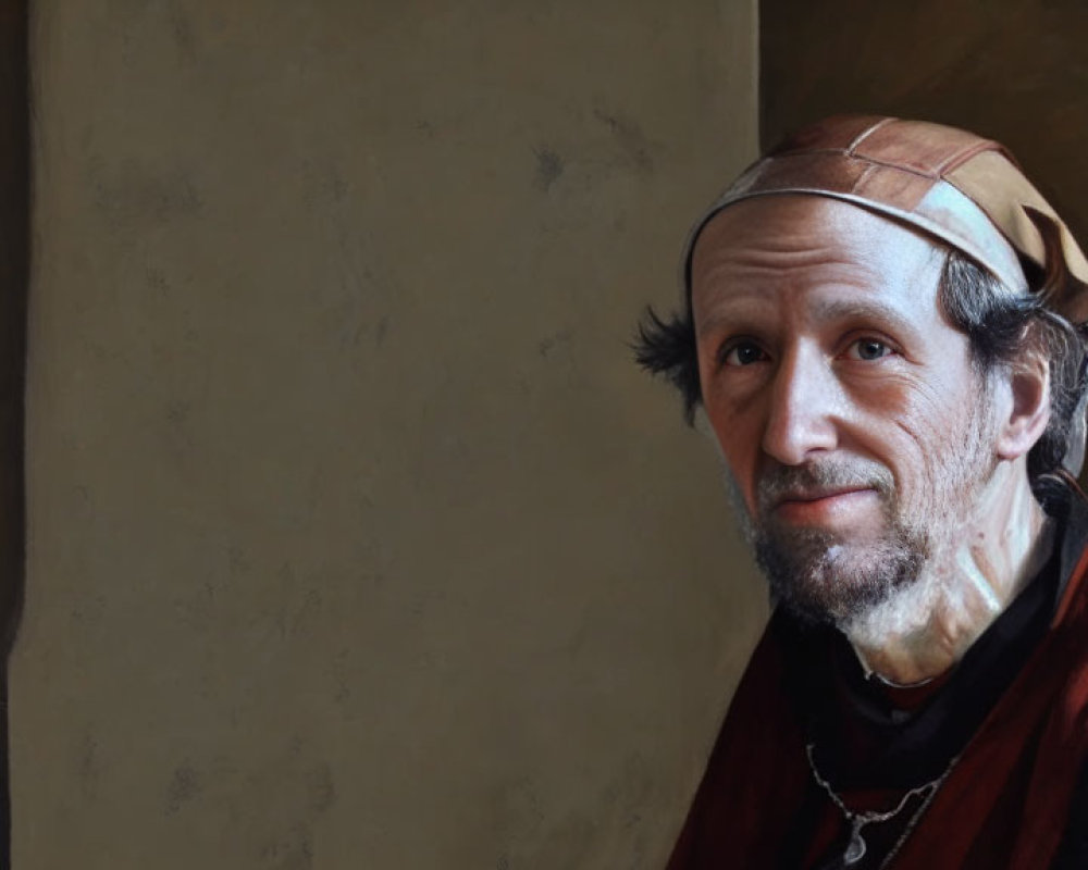 Serene man in headband gazes away on muted backdrop