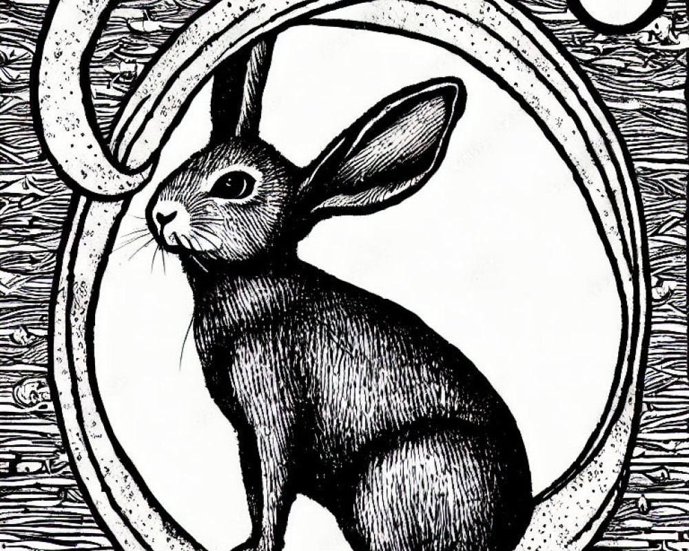 Detailed black and white rabbit illustration in circular frame with intricate patterns