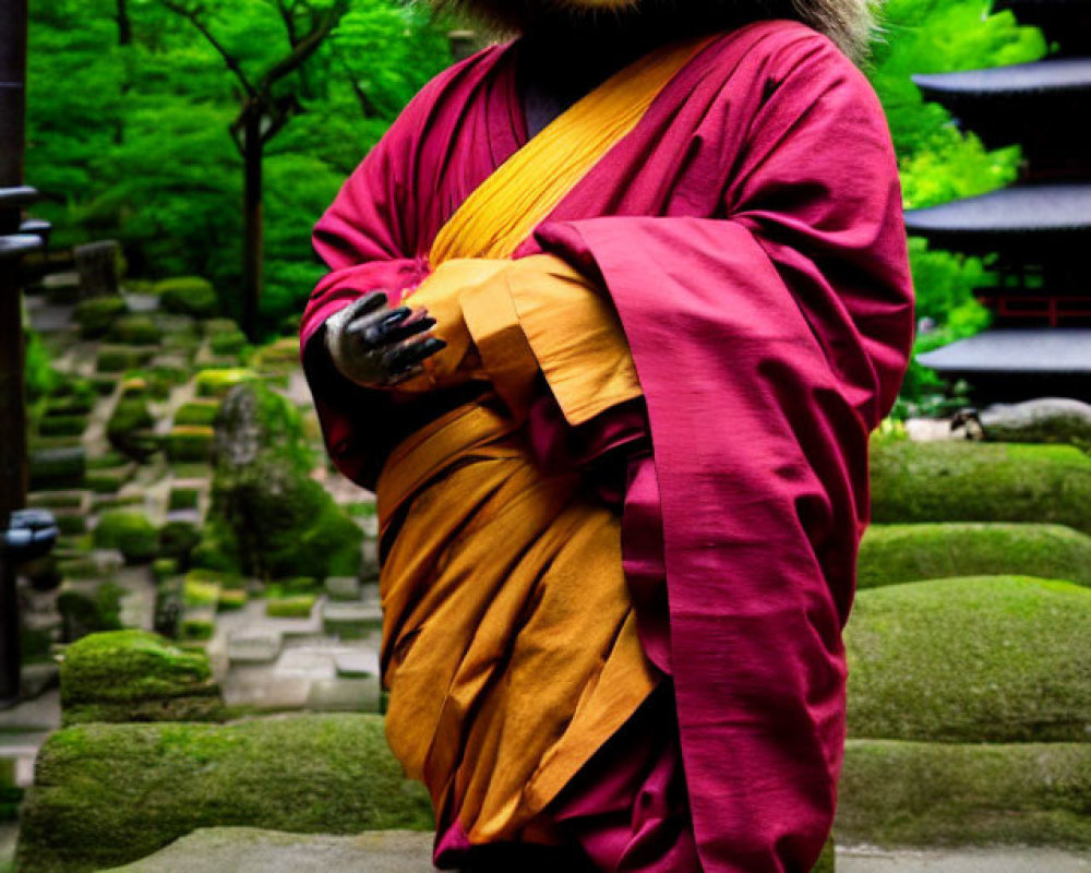 Raccoon in red robe with yellow sash in temple garden