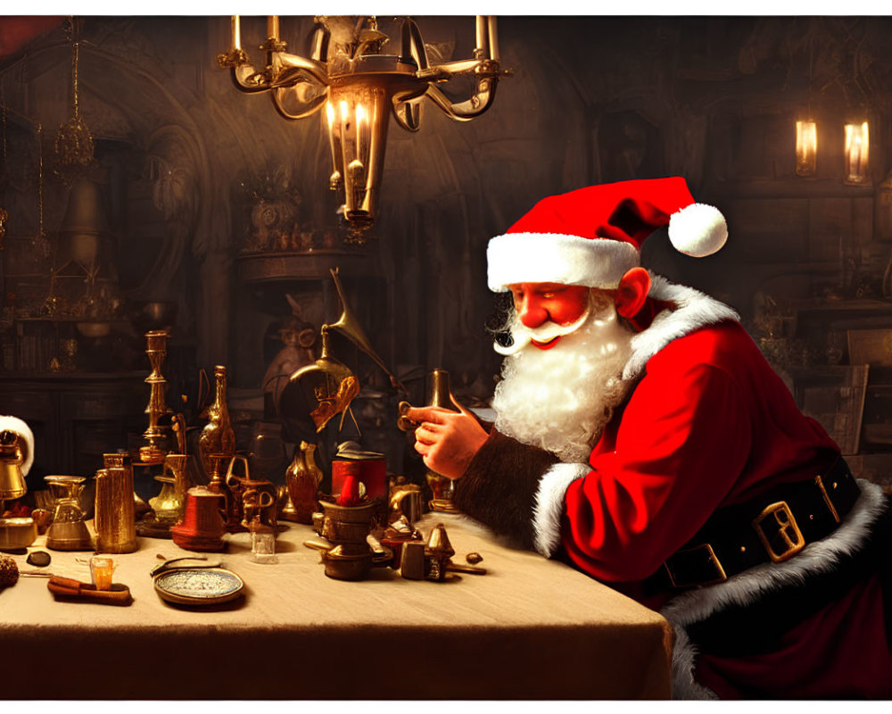 Santa Claus inspecting a toy in a cozy workshop