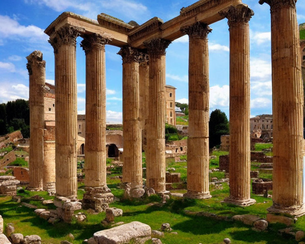 Ancient Roman ruins with towering Corinthian columns in green landscape.