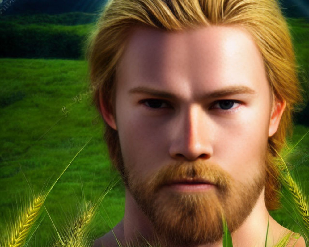 Young man with beard and mustache in wheat field under radiant sun