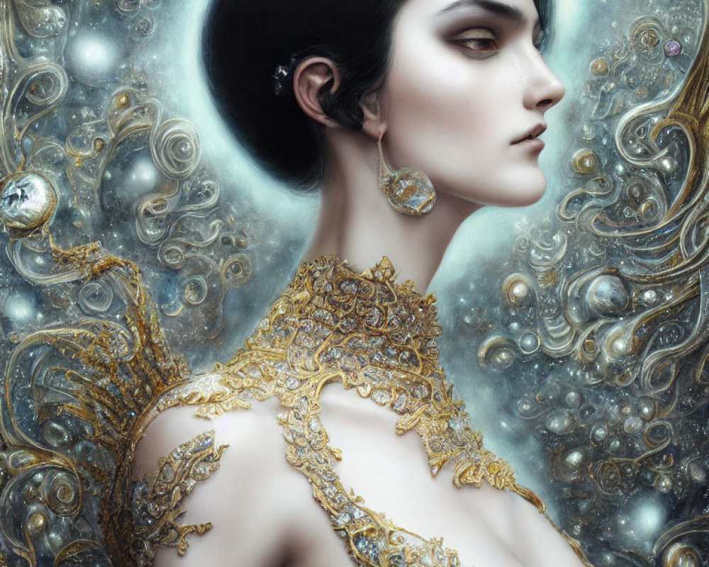 Pale-skinned woman with dark hair in cosmic setting with golden filigree dress