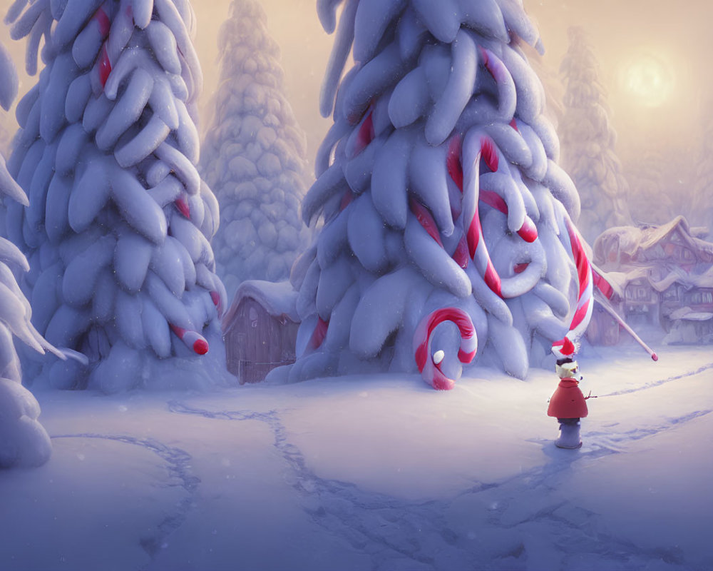 Snowy Village Scene: Person in Red Coat Walking Among Candy Canes