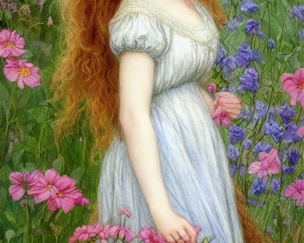 Vibrant painting: young woman with red hair in blue dress among pink and purple wildflowers