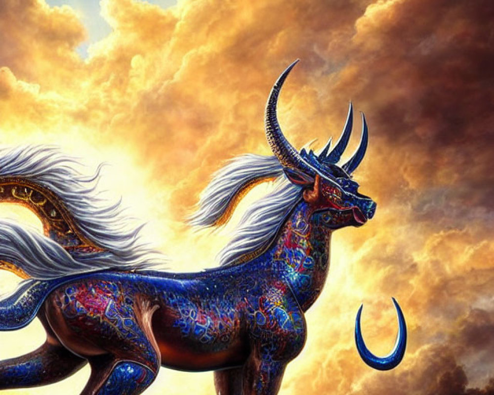 Blue-patterned unicorn with horns and wings in golden sky