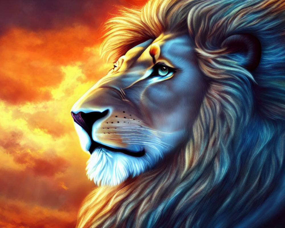 Majestic lion digital art with vibrant mane on fiery sunset background