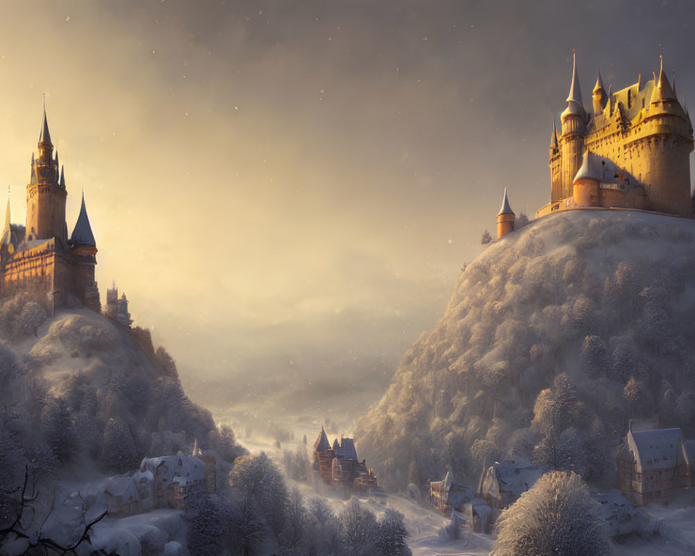 Snow-covered hills with castle, village, and warm glow in winter dusk