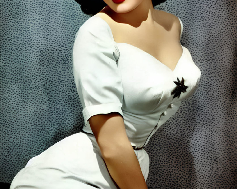 Smiling woman in vintage nurse uniform and cap sitting