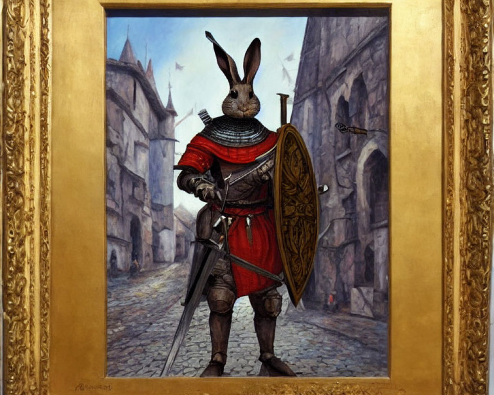 Whimsical painting of medieval knight rabbit on cobblestone street