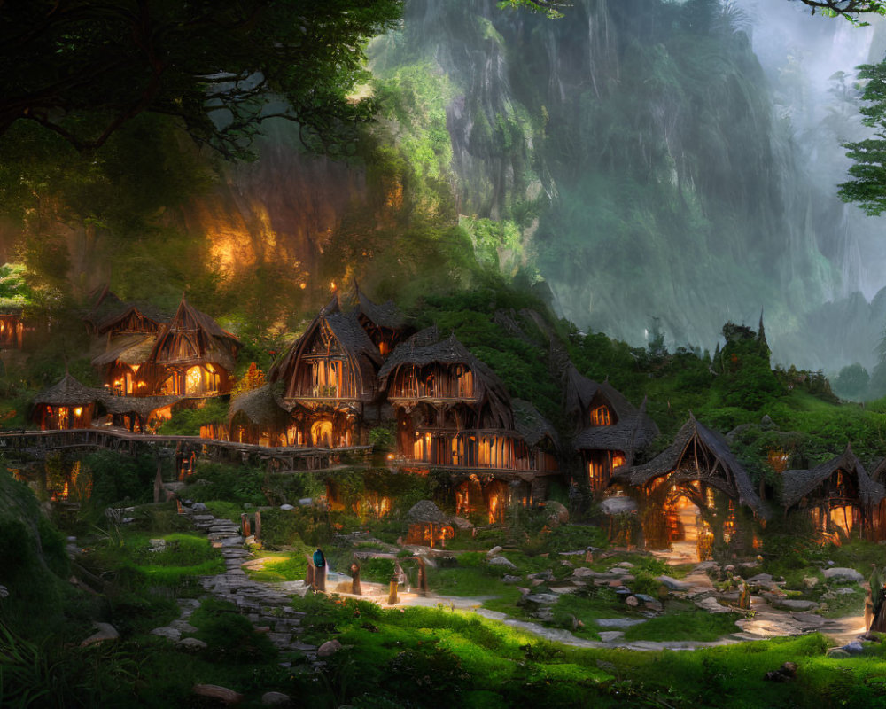 Charming forest village at dusk with thatched cottages, lush greenery, and misty waterfall