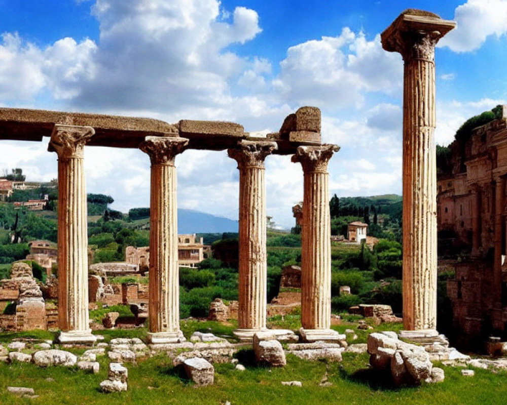 Ancient Roman ruins with Corinthian columns in natural setting