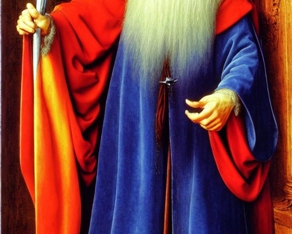 Wizard illustration with long white beard and staff in red and blue robe