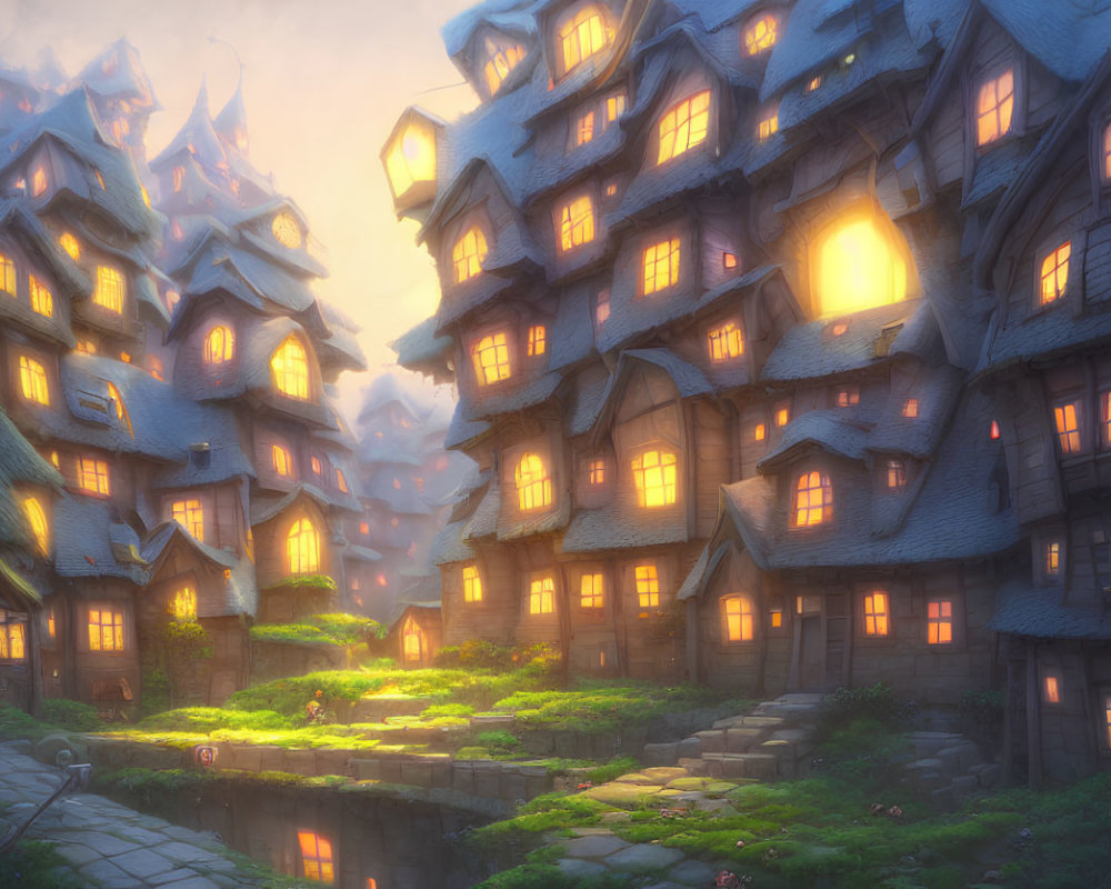 Digital artwork: Fantasy building with glowing windows in misty twilight