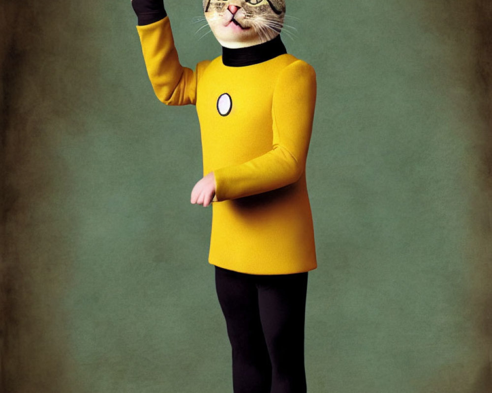 Cat in Star Trek uniform with human body posing playfully