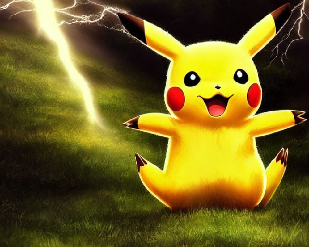 Yellow Pikachu on grassy field with lightning bolt background