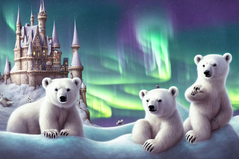 Whimsical polar bears on icy surface with fantasy castle under aurora borealis