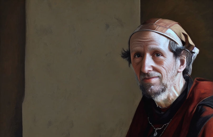 Serene man in headband gazes away on muted backdrop