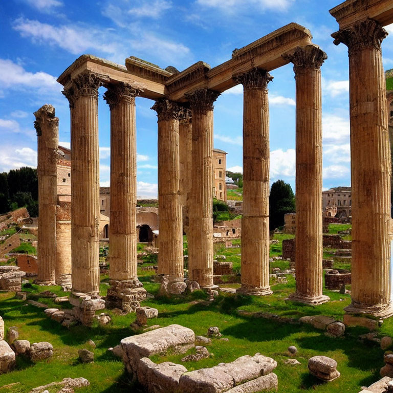 Ancient Roman ruins with towering Corinthian columns in green landscape.