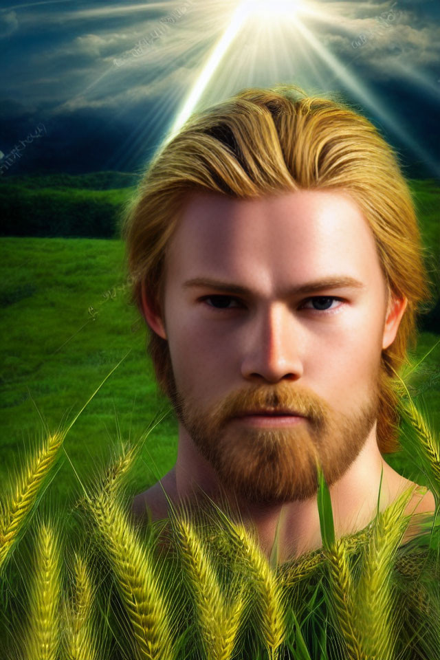 Young man with beard and mustache in wheat field under radiant sun