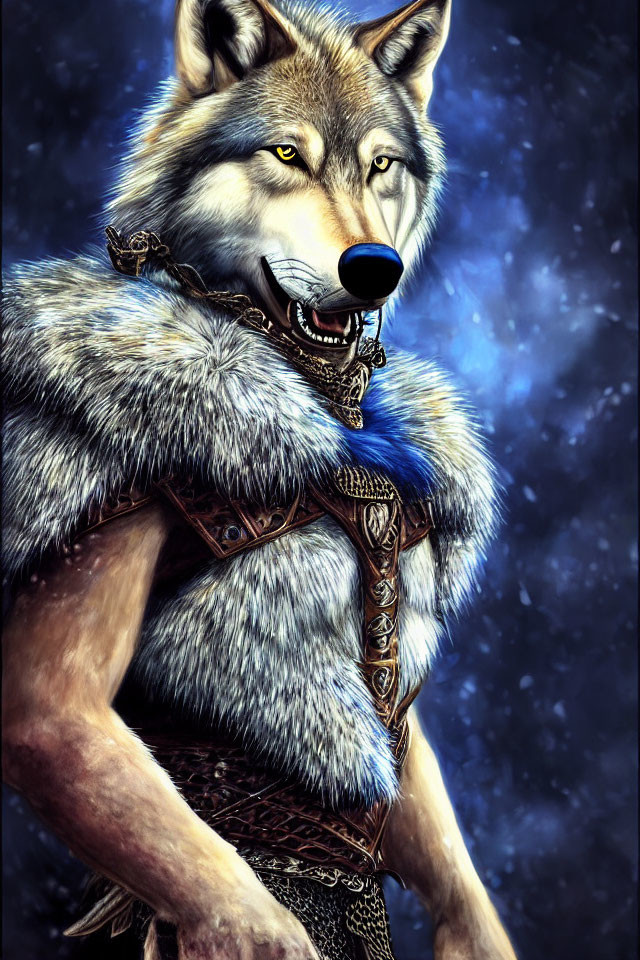 Anthropomorphic wolf in fur cloak and ornate armor on starry backdrop