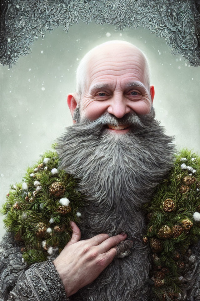 Bearded man with festive garland in snowy scene