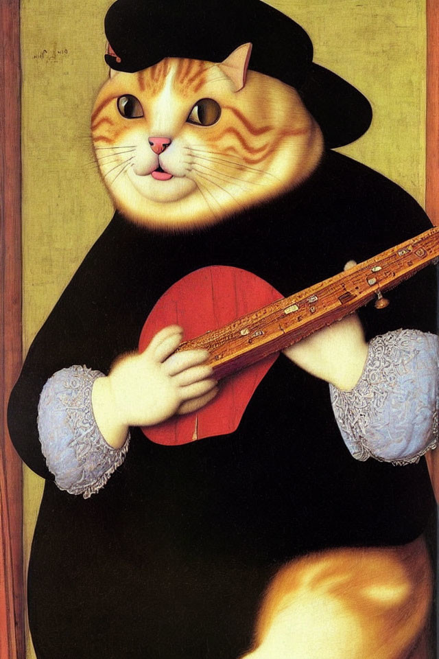 Anthropomorphic Cat in Renaissance Attire Playing Lute