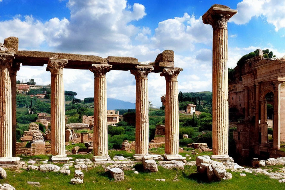 Ancient Roman ruins with Corinthian columns in natural setting