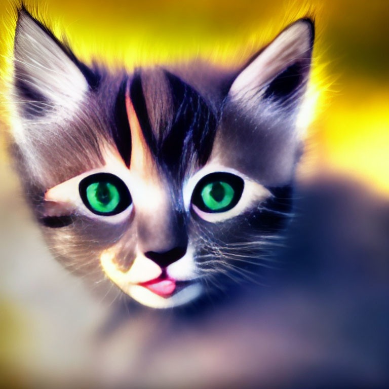 Digitally manipulated image of playful kitten with oversized green eyes