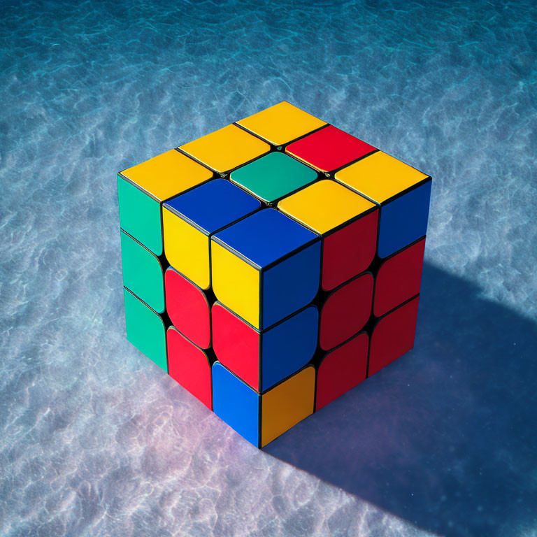 Vibrant unsolved Rubik’s cube above textured blue water surface