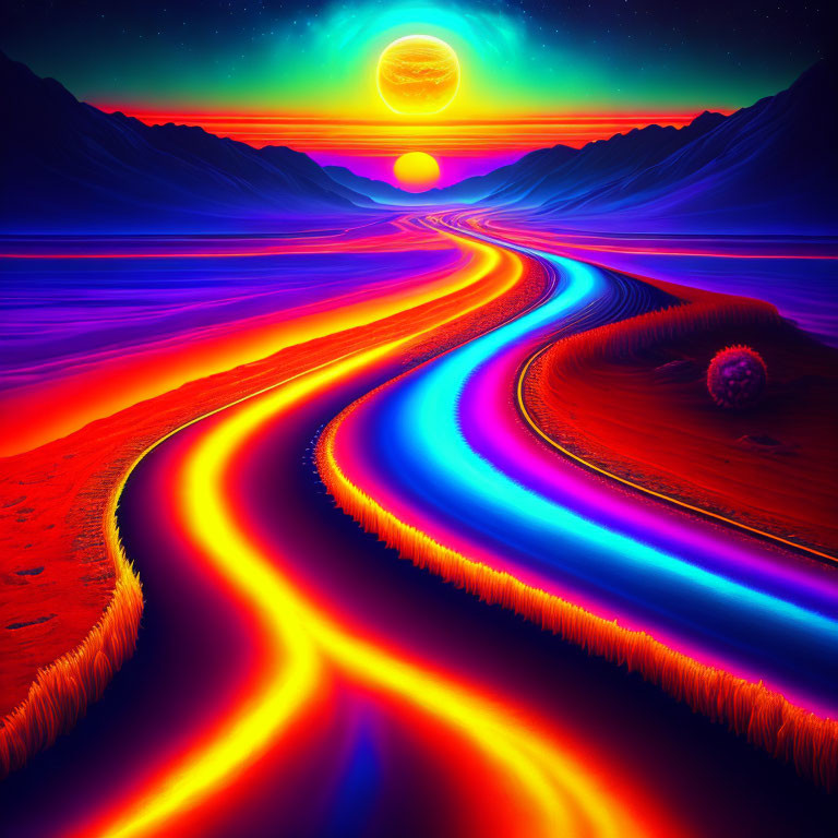 Surreal landscape with neon rivers and yellow moon