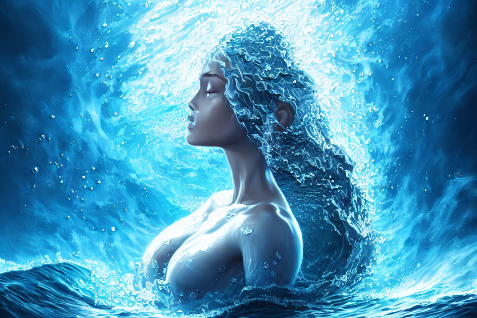 Illustration of woman partially submerged in water, blending with fluid texture