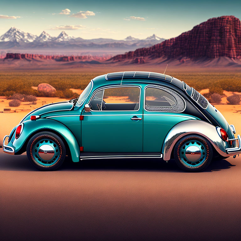 Vintage Teal Volkswagen Beetle with Roof Rack in Desert Landscape