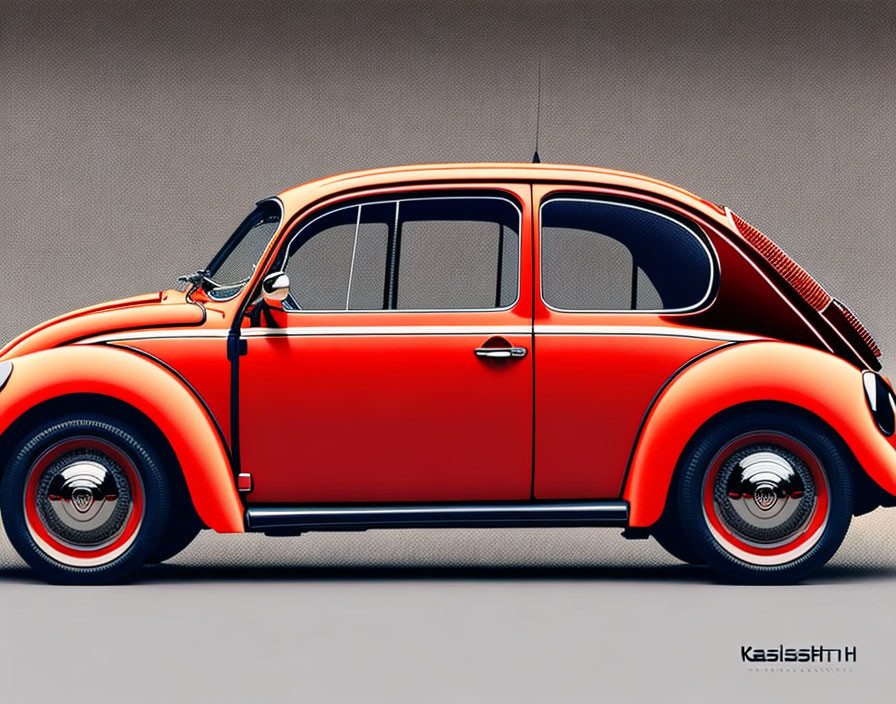 Vintage Red Volkswagen Beetle with White-Wall Tires on Gray Background