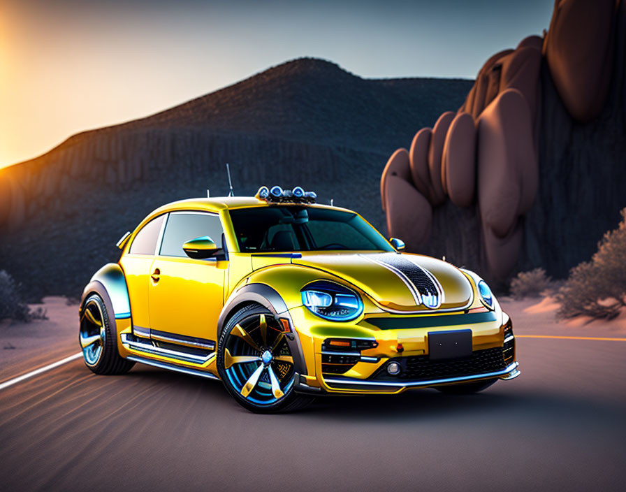 Yellow Volkswagen Beetle with custom blue trim parked on desert road at sunset