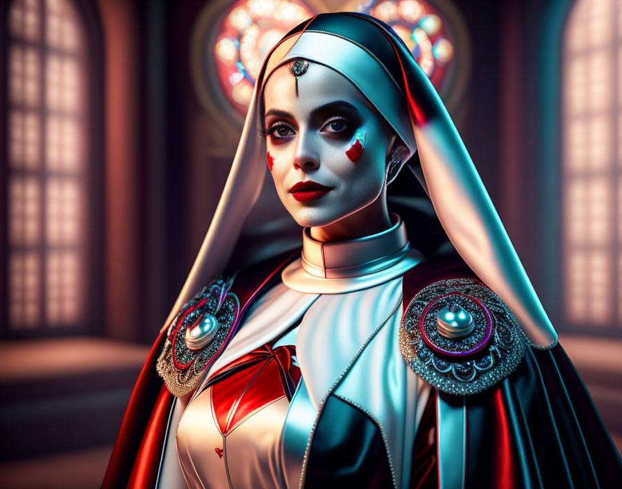 Colorful futuristic nun outfit in ornate room with stained glass